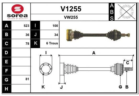 Arbre de transmission SNRA V1255 AUDI TT/A3/TT/A3/TT Roadster/TT/A3/TT/A3/TT Roa - Photo 1/1