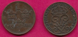 SWEDEN 1 ORE 1915 RULER GUSTAF V OF SWEDEN DIVIDES DATE,CROWNED DOIBLE MONOGRAM - Picture 1 of 1