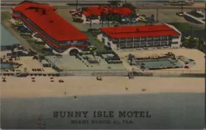 CARTOLINA MIAMI BEACH FL SUNNY ISLE MOTEL LINO ORA ISOLE SOLEGGIATE SPIAGGIA - Foto 1 di 2
