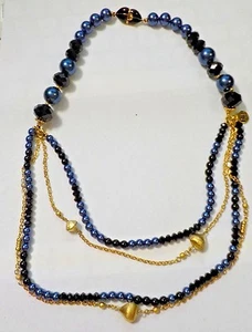 Collar multihebras de 20 1/2" cuentas azules y negras, esmalte negro y tono dorado - RL - Imagen 1 de 6