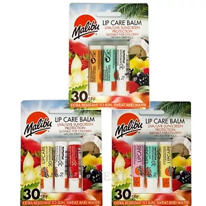 MALIBU LIP CARE BALM UVA/UVB SUNSCREEN PROTECTION 30 SPF VEGAN FRIENDLY 3 x 5G - Picture 1 of 9