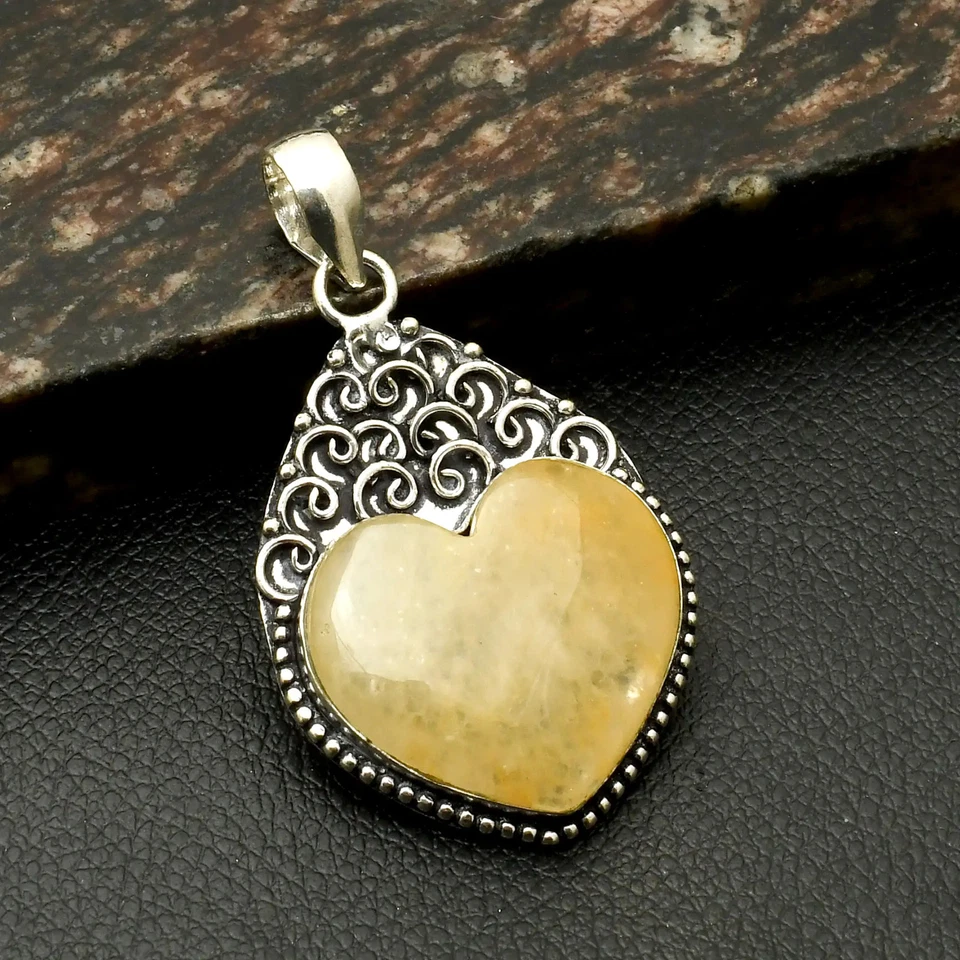 Musgo Amarillo Ágata Piedras Preciosas Étnico Hecho a Mano Corazón Colgante Joyería 2.4" AP-38163 Foto 1 de 1