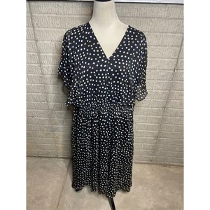 Vestido DKNY 18W Negro Dorado Blanco Lunares Cuello en V Manga Corta Midi - Imagen 1 de 5