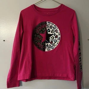 Converse Hot Pink Leopard Long Sleeve Tee Logo Girls Sz XL 14/16 Punk Skating - Picture 1 of 5