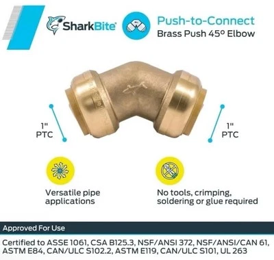 SharkBite U660LFA 1″×1″ Push-to-Connect 45° Brass Elbow Fitting – New - Image 1 of 4
