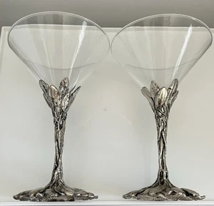 ARTHUR COURT Set of 2 Martini Glasses Aluminum Stem Leaf Pattern 1996 - Picture 1 of 6