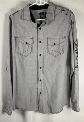 Modern Culture  Men’s Size LGray/Black Fleur Wings Button Up LS Shirt Slim Fit - Image 1 of 4