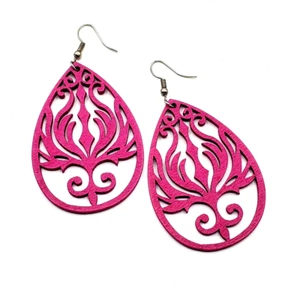 Womens Pink Wooden Earrings Teardrop Boho Dangle Best Style Large 3" Drop - Picture 1 of 3