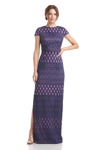 JS Collections womens Linda Cap Sleeve Embroidered Long Column Gown size 4 Navy - Picture 1 of 15