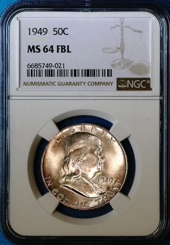 1949 Franklin Half Dollar Silver, Uncirculated, NGC MS64 FBL, 021 Cover
