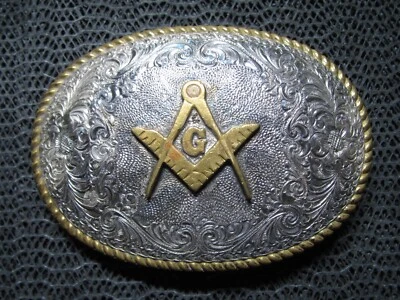WESTERN FREEMASON MASONIC COMPASS BELT BUCKLE! VINTAGE! RARE! CRUMRINE! 1980s! - Image 1 of 4