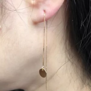 14K Solid Gold Round Disc Box Chain Threader Earrings Yellow, White, Rose Dainty - Picture 1 of 12