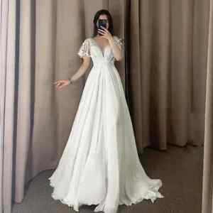 Chiffon Wedding Dresses Lace Applique Long V-Neck A-Line Sexy Bridal Gowns Train