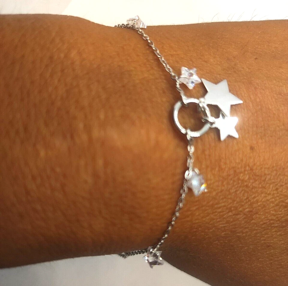 Bracciale Donna  Argento 925 con Stelle e swarosky bianchi. Braccialetto Ragazza - Immagine 1 di 4