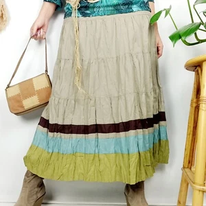 Beige Green panelled maxi skirt Y2K Capture 18 boho hippy prarie fairy layered L - Picture 1 of 5