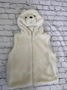 Fleece Polar Bear White Faux Fur White Hooded Vest Size Small Youth Vintage Zip - Picture 1 of 19