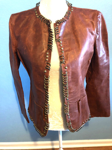 SAINT LAURENT (YSL) Giacca in pelle cognac design Yves Saint Laurent Tom Ford con anelli in ottone