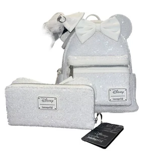 Loungefly Disney Minnie Mouse Hochzeit Pailletten Mini Rucksack & passende Geldbörse ~ Neu mit Etikett - Bild 1 von 12
