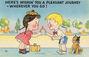 Vintage Comic Postcard: Wishing You a Pleasant Journey, Kids, Dog, & Wishbone - Picture 1 of 2