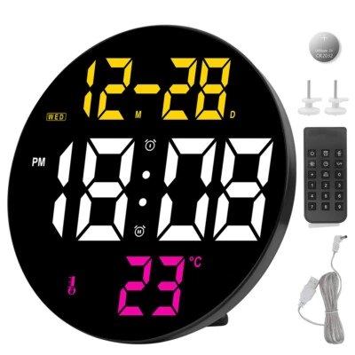 Round LED Large Digital Wall Clock Remote Control Temperature Date Week Display - Image 1 of 4