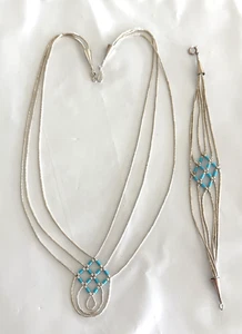 SouthWestern flüssiges Silber 3 Strang geflochten Türkis Perlen 20" Halskette + Armband - Bild 1 von 6