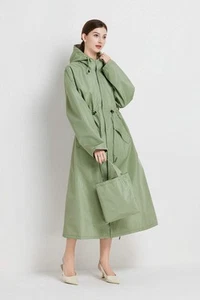 Size M Green Women's Chic Lightweight Waterproof Raincoat - Long Hooded Packable - Picture 1 of 8