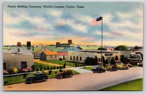 Taylor Texas~Taylor Bedding Company Factory~Billboard~1940s Cars~Linen Postcard - Picture 1 of 2