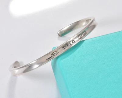 6.75" Tiffany & Co Sterling Silver 1837 Narrow Cuff Bracelet in Box Pouch Lovely - Image 1 of 4