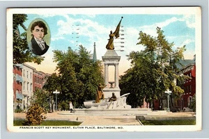Baltimore Maryland, FRANCIS SCOTT KEY MONUMENT c1922 Vintage Souvenir Postkarte - Bild 1 von 2