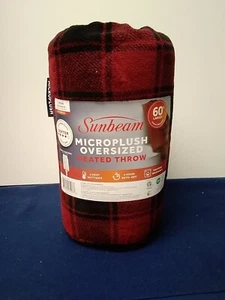 Sunbeam Microplush Oversized Heated Throw 60X80 Inch Red/Black Plaid 4 Settings - Picture 1 of 9