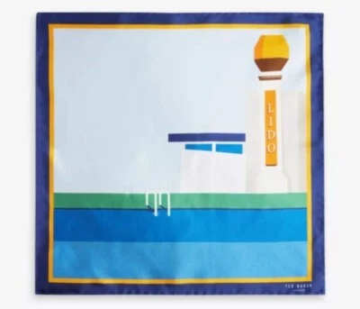 NWT Ted Baker LIDO Graphic Print Navy Silk Pocket Square Handkerchief - Image 1 of 4