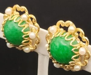 Hattie Carnegie (Carnegie) Ohrringe aus Kunstglas Jade & Perlen - Bild 1 von 7