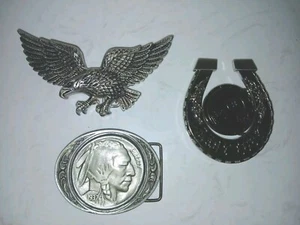 MENS BELT BUCKLES X 3 , LADY LUCK, EAGLE & LIBERTY - Picture 1 of 12
