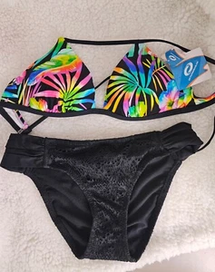 Small O'Rageous Swim Bikini Tropical Top- Large Mossimo Black Bikini Bottoms NWT - Picture 1 of 8