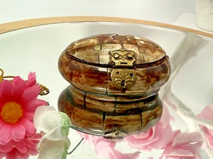 Vintage Trinket Box Beige Camel Bone Mosaic Brass Red Velvet Upholstered - Picture 1 of 12