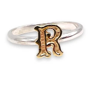 Initial Letter R 10k Yellow Gold Sterling Silver Band Ring Size 6 - Picture 1 of 13