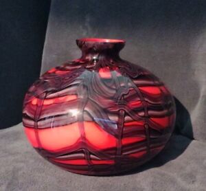 Vintage Czech Art Glass Bulbous Vase Kralik Bohemian Signed 7" x 9"