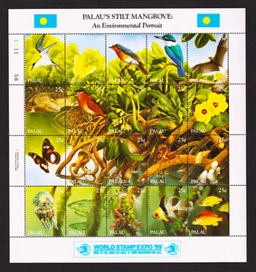 PALAU Stamp Sheet Birds Fish Butterfly 1989 MNH 20 Stamps Mangrove Trees Scene - Picture 1 of 2