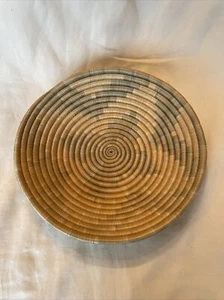 VTG Primitive Coil Basket Grass Hand Woven Ivory Blue Star Boho Basket Bowl 12” - Picture 1 of 9