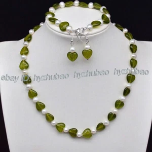 Pulsera de perlas blancas gemas de corazón de peridoto verde natural de 12 mm 18" - Imagen 1 de 9