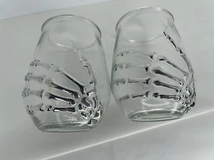 2 Halloween Skeleton Hand Glasses 4.75" Stemless Wine Tumblers Votive Holders - Picture 1 of 11
