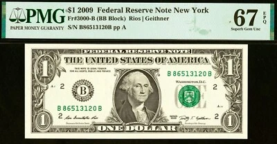 2009 $1 Federal Reserve Note PMG 67EPQ top pop highest graded BB block Fr 3000-B - Image 1 of 3