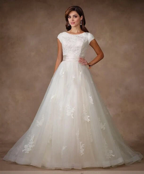 Modest Cap Sleeves Wedding Dress A Line Lace Applique Bridal Gown White Ivory - Image 1 of 4