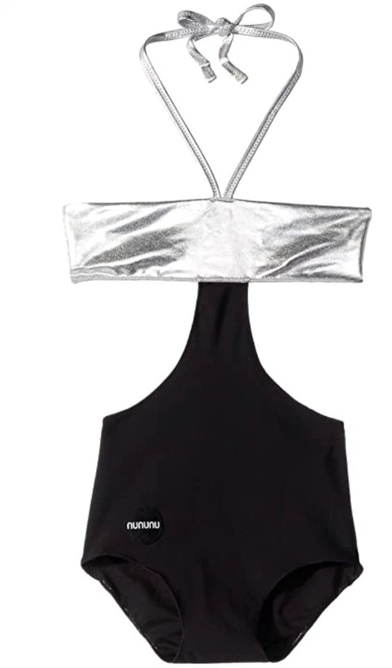 Nununu L136015 儿童黑色银色单件式吊带色块泳装,尺寸 3-4 — 第 1/1 张图片