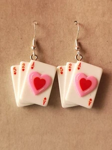 Playing Card Deck Pink Love Heart Silver Plated Earrings - Picture 1 of 3