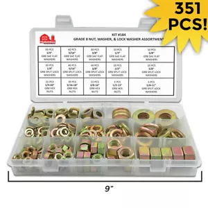 1/4"" 5/16"" 3/8"" 1/2 5/8 Grad 8 Sechskantmuttern flache geteilte Unterlegscheiben Sortiment Kit 351 STCK. - Bild 1 von 2