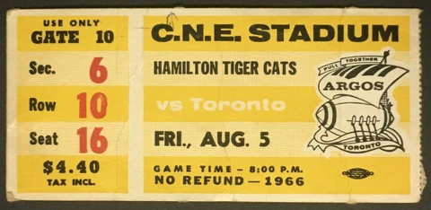 1966 C.N.E. Stadium CFL Football Ticket Hamilton Ti-Cats vs Toronto Argos Cover