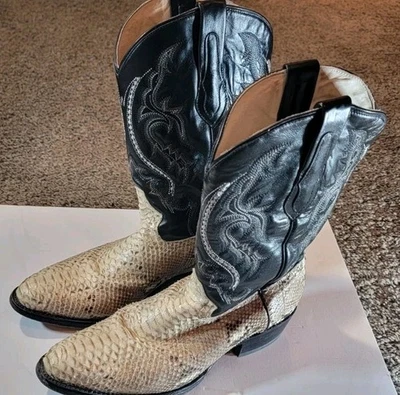 Botas de Vaquero J.B. Dillon Talla 8.5B - Cuero Pitón Blanco y Negro, Hechas a Mano Foto 1 de 4