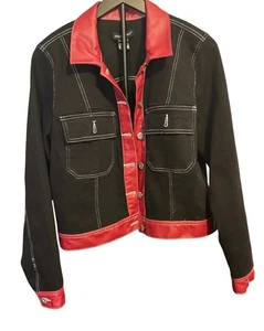 Ashley Stewart Womens Black Denim Jacket L 14/16 Red Faux Leather Trim Statement - Foto 1 di 7
