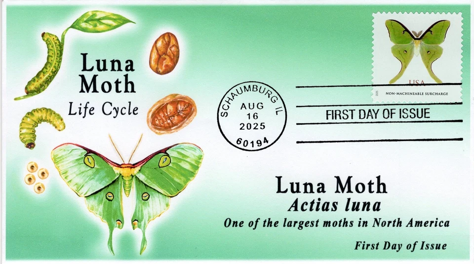 25-302, 2025, Luna Moth, First Day Cover Cover, Standard Postmark, Schaumburg IL - Image 1 of 1